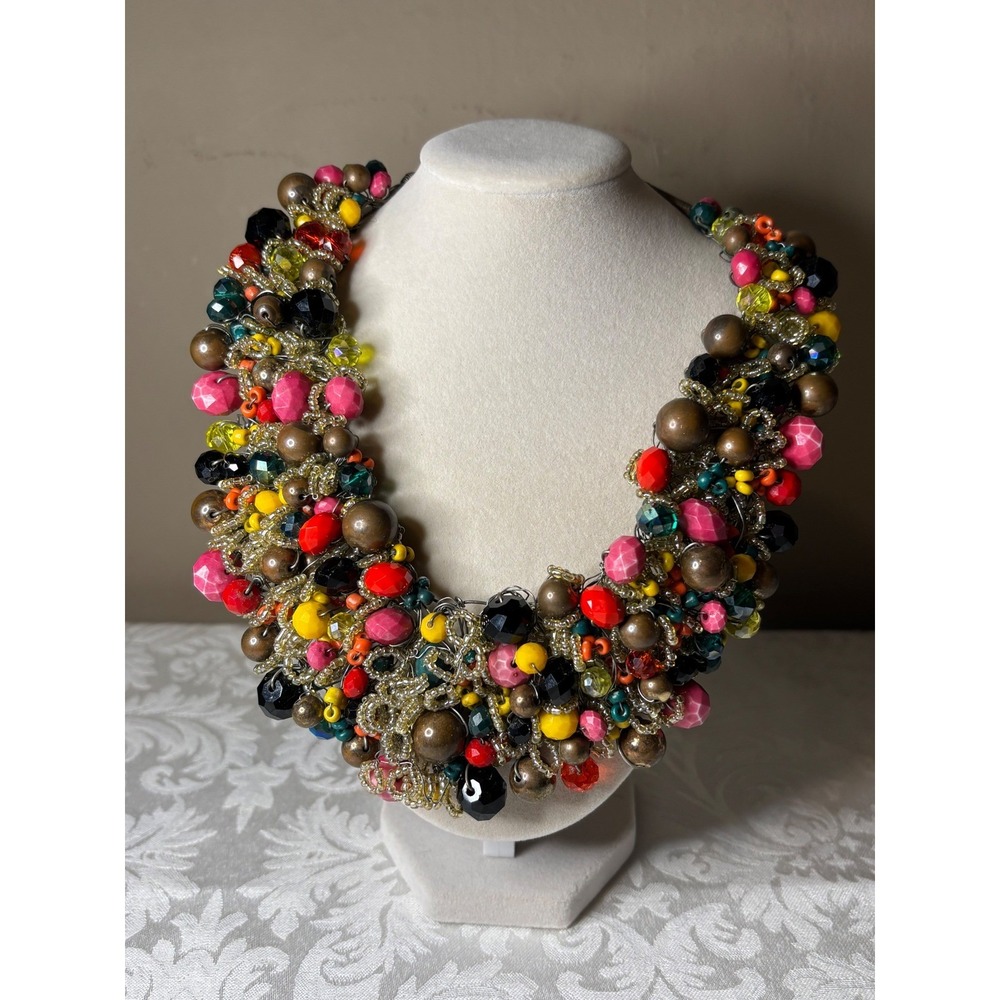 Aldo Multi Color Beaded Statement Bib Necklace Bronze Gold Tone Bold Maximalist - Picture 6 of 7